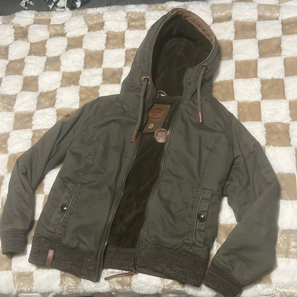 Naketano green denim zip coat with hood size large